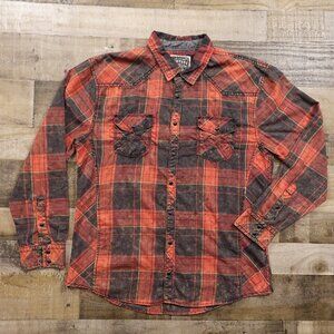 BKE Vintage 1967 Plaid Western Snap Shirt Men’s XL Red Black Relaxed Fit